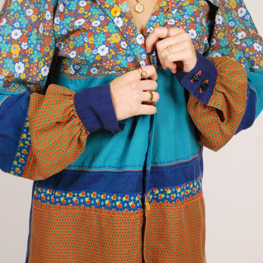 70s Patchwork Button Up (M) Medium Blue Orange Vi… - image 5